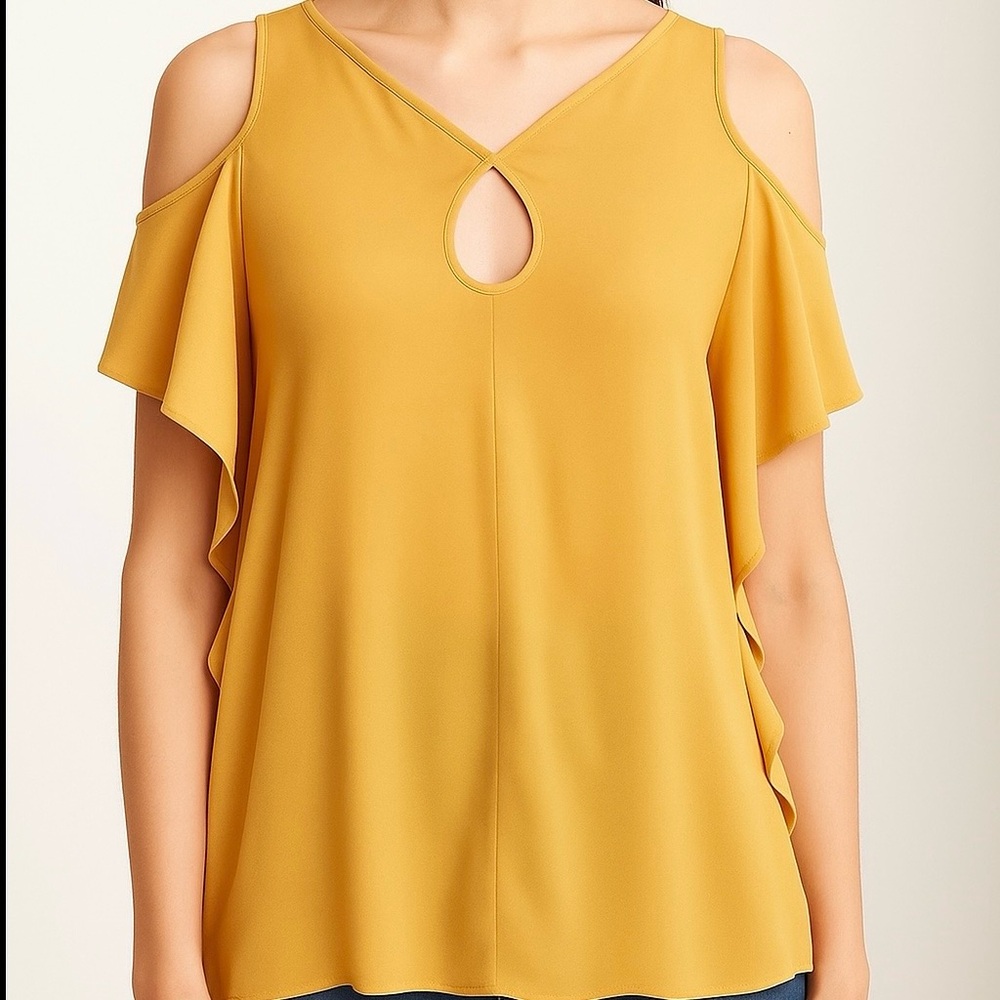 Max Studio London Ruffle Sides Cold Shoulder Top Yellow Size Medium NWT